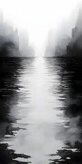 Wall Mural - A serene monochromatic landscape featuring a foggy river reflecting the faint light of a distant horizon, surrounded by shadowy silhouettes of buildings.