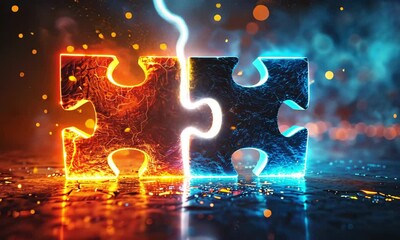 Poster - Colorful puzzle pieces connecting with bright glowing lights in a creative artistic display