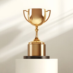 gold champion trophy cup on a white podium