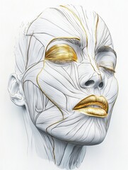 Aufkleber - Facial muscle anatomy illustration highlighting contours and features of the face with detailed patterns and colors. Generative AI