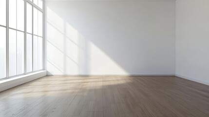 Canvas Print - Bright Minimalist Empty Room with Sunlit Hardwood Floor and Large Windows : Generative AI