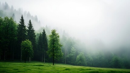 Poster - Serene Misty Forest Landscape with Greenery and Atmospheric Foggy Backdrop : Generative AI