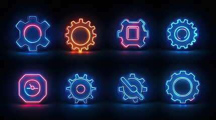 Poster - Neon Glowing Gear Icons Digital Technology Symbols