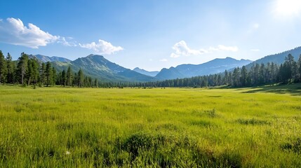 Aufkleber - Expansive Mountain Valley with Lush Green Meadows and Clear Blue Sky : Generative AI