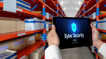 Poster - cyber security system on computer screen protect private information snugly from hacker and cyber at