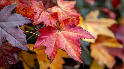 Aufkleber - Closeup of Vibrant Red and Yellow Autumn Leaves in Natural Autumn Beauty : Generative AI