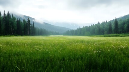 Poster - Expansive Meadow with Rolling Green Grasses in Forested Mountainous Horizon : Generative AI