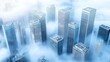 © QITIAN - Aerial view of skyscrapers emerging from misty clouds during sunrise.