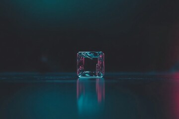 Poster - Abstract Glass Cube Teal Pink Neon Light Minimalist Modern Design Background 3d ice art dark life