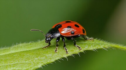 Poster - Vivid Ladybug Closeup on Leaf Highlighting Colorful Details and Natural Beauty : Generative AI