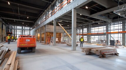 Poster - Industrial Warehouse Construction Site with Heavy Machinery and Workers on Duty : Generative AI