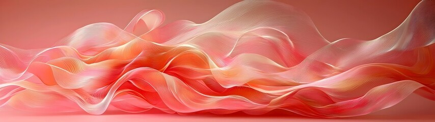 Wall Mural - An artistic wave of translucent pink and orange fabric flowing gracefully against a soft pastel background, creating an ethereal and dreamy atmosphere.