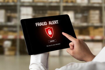 Poster - cyber security software show alert of cyber attack for protection snugly. danger from virus, phishin