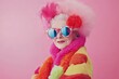 © muhamad - A Stylish Older Woman Rocks A Vibrant Pink And Multicolored Fuzzy Coat And Sunglasses Against A Pink Background.  She'S Exuding Confidence And Fun!