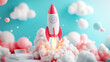 © krit - Rocket launching into cloudy sky futuristic environment 3d animation