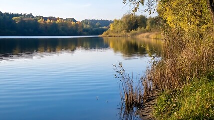 Poster - Scenic View of Riverbank Surrounded by Lush Greenery and Autumn Foliage : Generative AI
