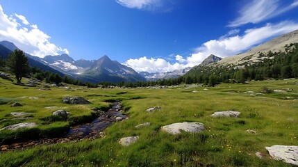 Poster - Stunning Alpine Meadow with Majestic Mountains and Clear Blue Sky in Summer : Generative AI
