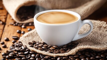 Aufkleber - Steaming Cup of Freshly Brewed Coffee with Roasted Beans on Rustic Burlap Background : Generative AI