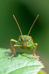 Aufkleber - Grasshopper Macro Photography Capturing Vibrant Green Texture on Leaf : Generative AI