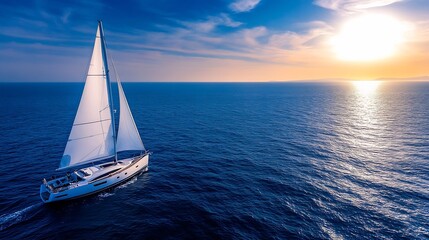 Poster - Idyllic Sailboat Navigating Serene Ocean Waters at Sunset for Relaxation and Adventure : Generative AI