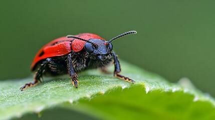 Poster - Vibrant Red Beetle on Leaf Showing Incredible Detail in Macro Photography : Generative AI