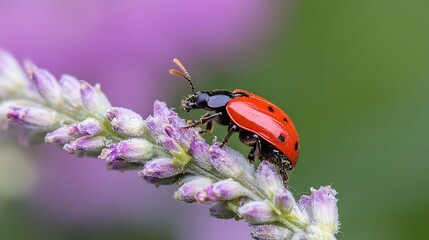 Poster - Red Ladybug on Purple Flower Closeup with Green Blurred Background in Natural Setting : Generative AI