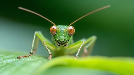 Poster - Closeup of a Vibrant Green Grasshopper on Leaf with Macro Detailing in Natural Habitat : Generative AI