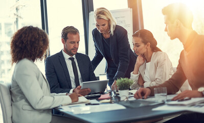 Leinwandbilder - Office, teamwork and business people with tablet for solution, economy research and investment review. Flare, employees and financial advisor with digital for accounting firm, planning and meeting