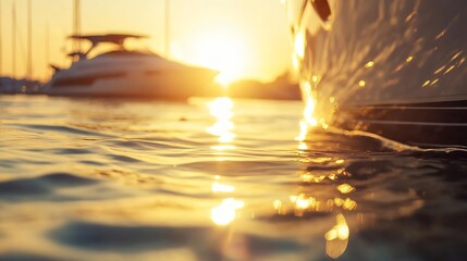 Poster - Golden Sunset Reflection on Ocean Water with Yacht in Background Creating a Serene Maritime Atmosphere : Generative AI