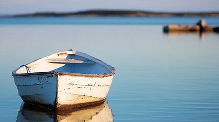 Poster - Lonely rowboat resting on calm waters during golden sunset by a tranquil lake or river landscape : Generative AI