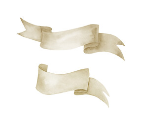 watercolor neutral beige ribbon collection. hand drawn isolated illustration on white background