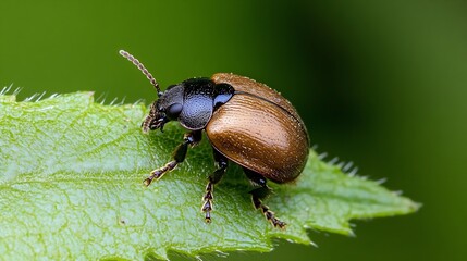 Poster - Incredibly Detailed Image of a Black and Brown Beetle on a Leaf : Generative AI