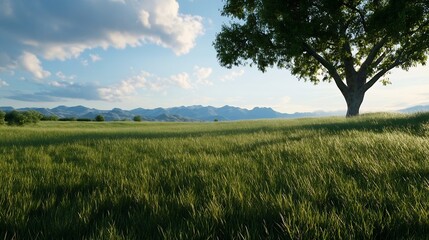 Wall Mural - Serene Summer Landscape with Tree and Mountain View in Golden Sunlight : Generative AI