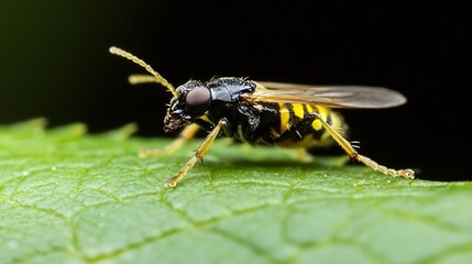 Poster - Yellow and Black Wasp Resting on Green Leaf Displaying Intricate Features : Generative AI