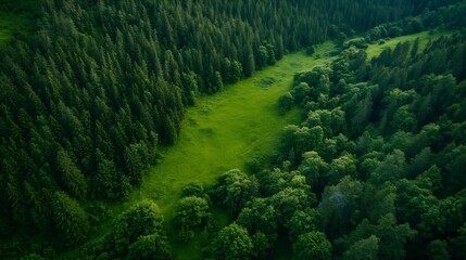 Poster - Aerial View of Lush Green Forest and Open Meadow Under Blue Sky : Generative AI
