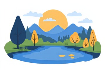 Wall Mural - A Serene Landscape Painting Depicting A Tranquil Lake Nestled Amidst Mountains Under A Warm Sunset, With Various Trees Around The Lake. It'S A Peaceful Scene Perfect For Relaxation.