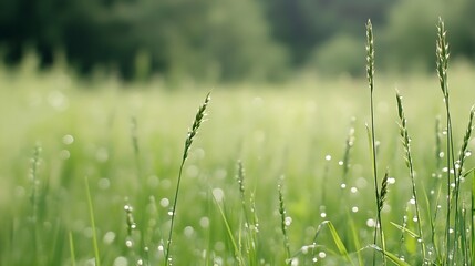 Poster - Morning Dew on Tender Green Grass in a Tranquil Sunlit Meadow with Forest Backdrop : Generative AI