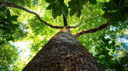 Poster - Majestic Tall Forest Tree with Sunlit Foliage and Bark Detail : Generative AI