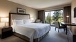 © Generative AI - Modern Hotel Room with Comfortable Double Bed and Scenic Forest View Balcony : Generative AI