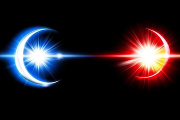 Poster - Abstract Blue Red Crescent Moons Light Burst Energy Beams Design Art Glow Dark Cool Space Stars