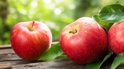 Aufkleber - Freshly Harvested Red Apples on Wooden Table in Summer Orchard : Generative AI