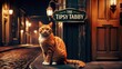 © sakson - Charming cat at the tipsy tabby pub cobblestone street nighttime scene urban vibe