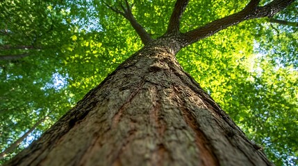 Poster - Majestic Forest Tree Viewed from Below with Green Leaves and Blue Sky : Generative AI