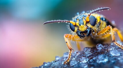 Poster - Macro view of wasp resting on rock with colorful backdrop and morning dew : Generative AI