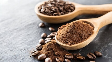 Poster - Rich Coffee Grounds and Beans in Wooden Spoons on Slate Background for Gourmet Brew : Generative AI