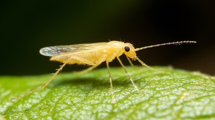 Poster - Close up of yellow insect on green leaf showing detail of wings and antenna : Generative AI