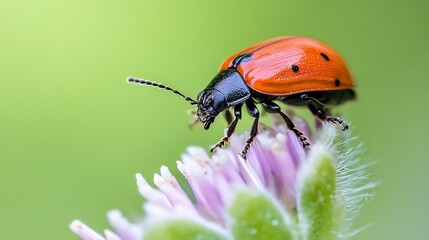 Poster - Macro Image of a Red Leaf Beetle on a Purple Flower Blossom with Green Blurred Background : Generative AI