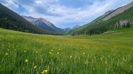 Aufkleber - Picturesque Meadow with Wildflowers Among Mountainous Terrain : Generative AI