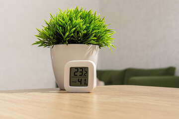 Small digital indoor temperature and humidity meter. Temperature sensor in living room. Small display and artificial plant on wooden table