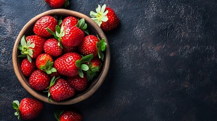 Poster - Fresh Ripe Strawberries in Wooden Bowl on Rustic Dark Background for a Healthy Snack : Generative AI